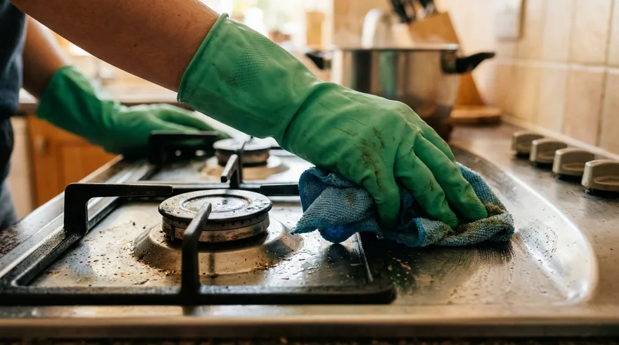 hands in green rubber gloves wiping a stovetop with a damp microfiber cloth, warm kitchen light, close crop on the motion