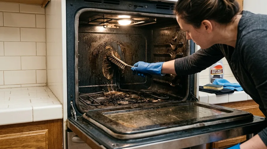 scrubbing the inside of an oven with a heavy-duty brush, grimy oven interior contrasted against clean tile surroundings, task-light from above