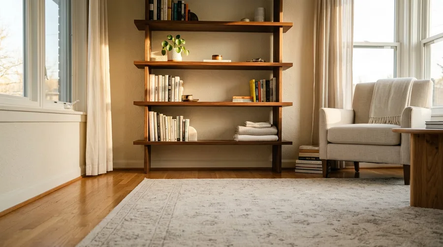 a living room after a deep clean, late-afternoon sun lighting dust-free shelves and a freshly vacuumed rug, no people, calm domestic scene
