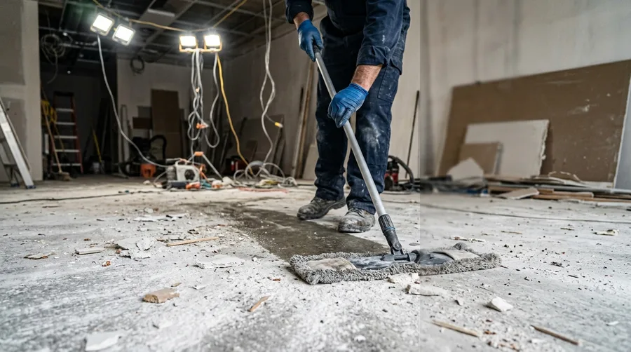 wet mopping a dusty concrete floor still scattered with drywall powder and construction debris, utility lights overhead, work in progress