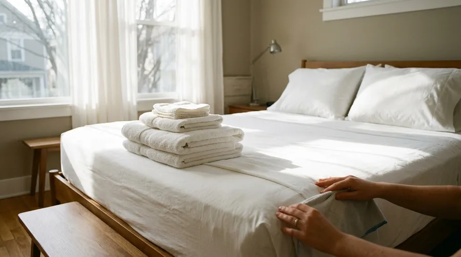 freshly made bed with crisp white linens in a short-term rental bedroom, sunlight through sheer curtains, folded towels stacked on the corner