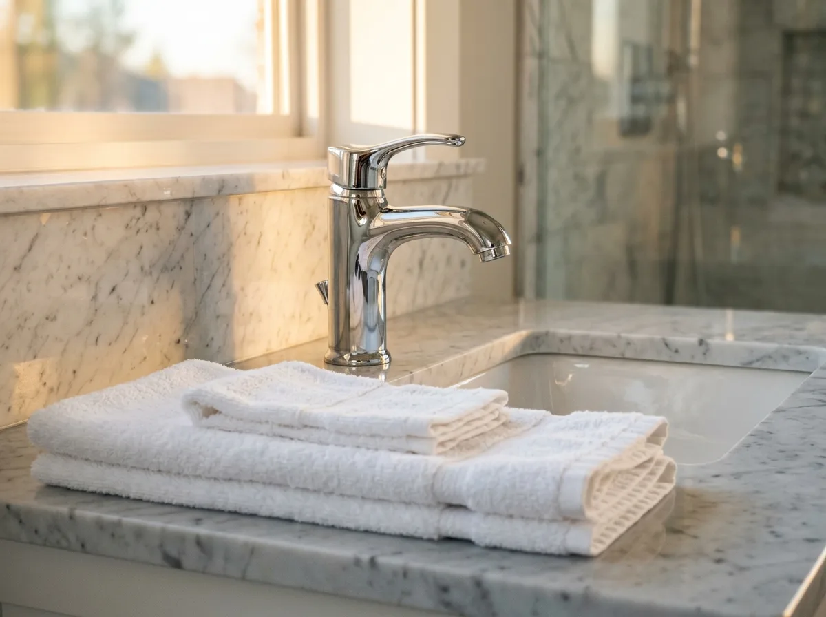 sparkling bathroom fixtures after a deep clean, chrome taps reflecting warm light, folded white towels on a marble vanity edge