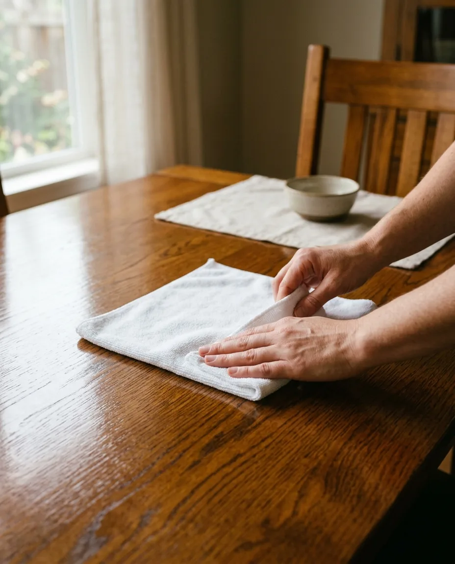 a pair of hands carefully folding a white microfiber cloth over a gleaming wood table surface, warm natural light from a side window, intimate domestic setting