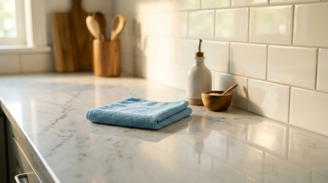 close-up of a clean kitchen counter with morning light streaming in, a microfiber cloth folded neatly beside gleaming white tile, warm golden-green tones